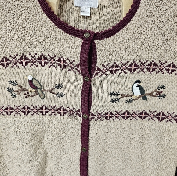 Vtg 80’s Christopher & Banks Tan Wool Ramie Embroidery Bird Cardigan Sz XL - Picture 3 of 9